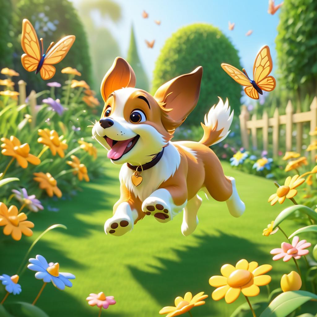 Joyful Puppy in Whimsical Garden Scene