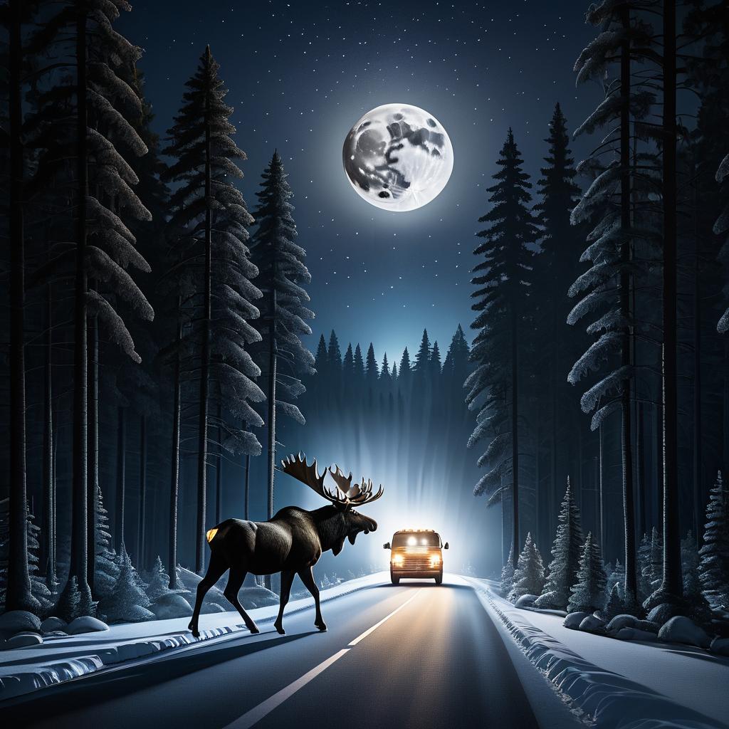 Moose Encounter on Moonlit Road