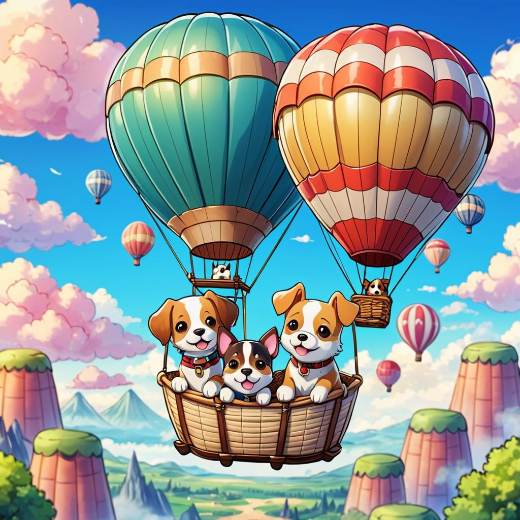 Cute Dogs Soaring in Anime Hot Air Balloon