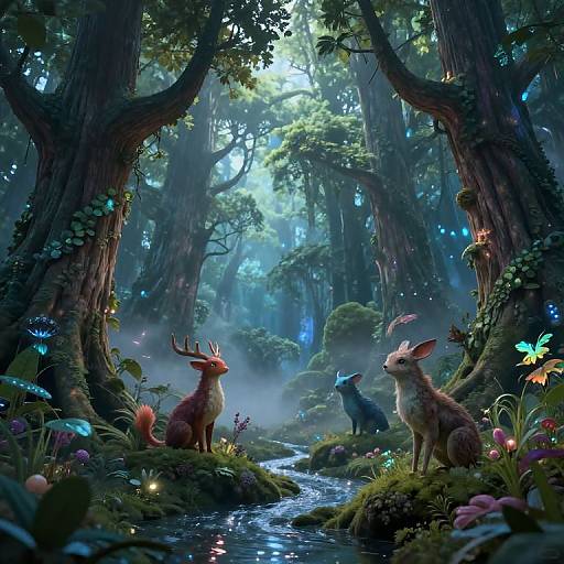 Fantastical forest scene: Two deer-like creatures with antlers and colorful ears sit by a glowing stream, surrounded by enchanted mushrooms, fireflies,