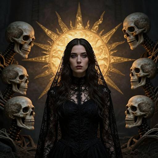 Digital artwork of a dark-haired woman in black lace veil, centered between glowing sun and four skulls, creating a gothic, mystical atmosphere.