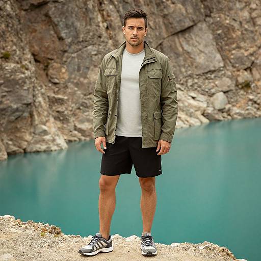 Photograph of a muscular, bearded man in a green jacket, white shirt, black shorts, and gray sneakers standing confidently by a turquoise lake with