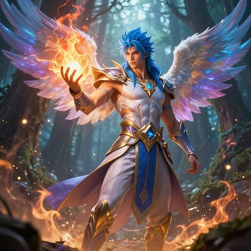 Digital fantasy artwork of a blue-haired, winged, muscular male angel wielding a fiery orb in a mystical forest, clad in white and gold armor.