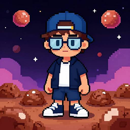 Pixel art of a boy with blue glasses, navy cap, black shirt, white tee, blue shorts, white sneakers, standing on rocky terrain with pink