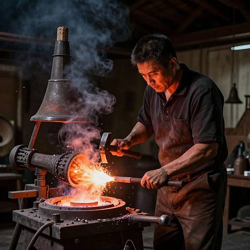 Photograph of a middle-aged, Asian male blacksmith with short dark hair, wearing a black shirt, hammering glowing red-hot metal in a dim