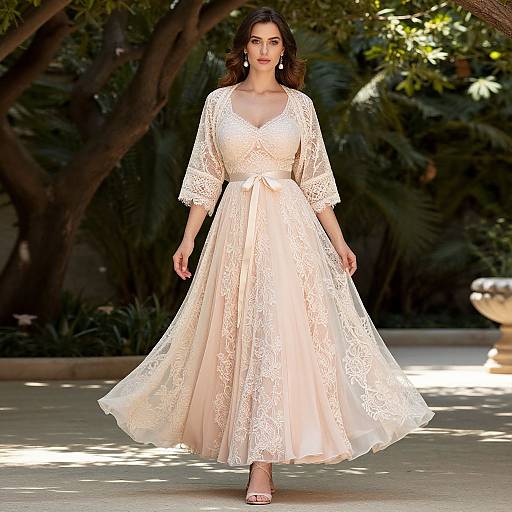 Photograph of a beautiful woman with dark hair, wearing a flowing, cream lace dress with a V-neck, standing outdoors in a sunlit garden.