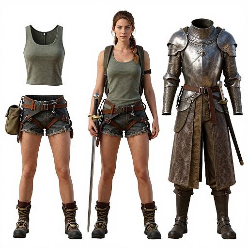 Photograph of a fit woman in three outfits: green tank top and denim shorts with belt and boots, full armored knight attire.