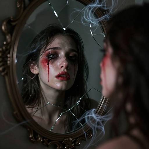 Photograph of a pale, blood-streaked woman with dark, messy hair staring at a broken mirror, reflecting her haunted, red-eyed face.