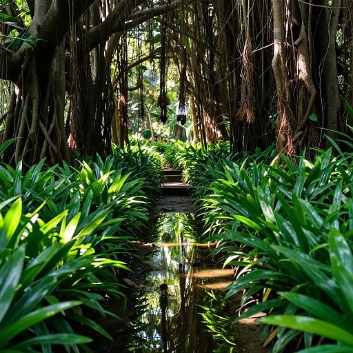 Sunlit Garden Path Through Hanging Roots
