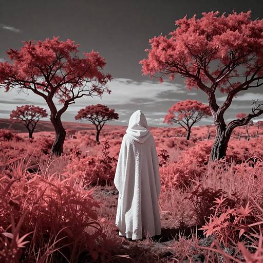 Photograph of a white-robed ghost-like figure standing in a surreal, red-tinged landscape with sparse trees under a cloudy sky.