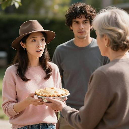 Surprised Woman with Pie Outdoors