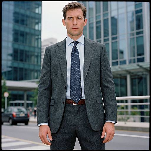 Photograph of a serious, handsome Caucasian man with short brown hair in a dark gray suit, white shirt, and blue polka-dot tie, standing