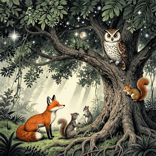 Digital illustration of a whimsical forest scene with a red fox, two gray squirrels, and an owl perched on a large, twisted tree under