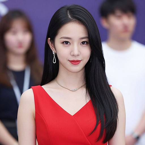 Photograph of an Asian woman with long black hair, red dress, red lipstick, and silver earrings, standing in front of blurred background with two other