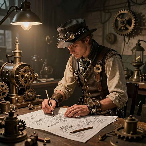 Steampunk engineer in detailed leather vest and brass goggles, drawing intricate blueprint under warm lamp, surrounded by gears and machinery.