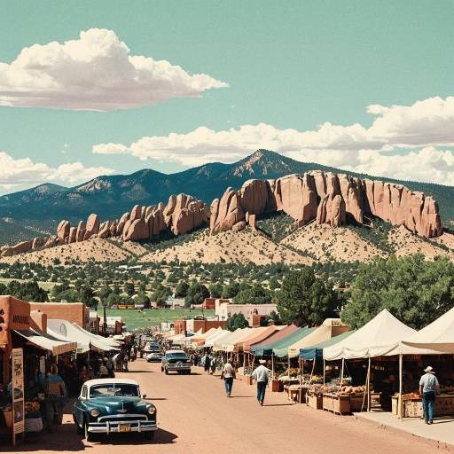 Vintage Santa Fe Market with Rocky Mountains