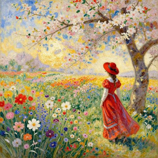 Impressionist Woman in Blooming Field