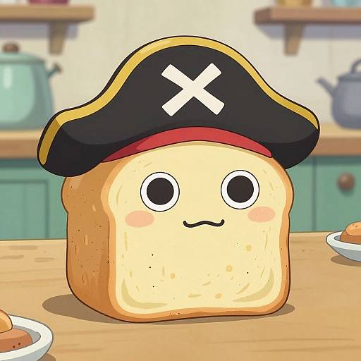 Cute digital drawing of a slice of toast with a pirate hat, black eyes, and a small smile, sitting on a kitchen table with blurred kitchen