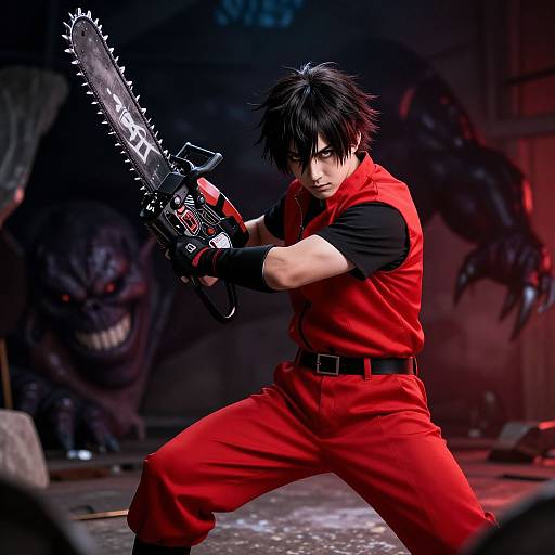 Digital anime-style artwork of a black-haired, intense young man in red outfit wielding a spiked chainsaw, facing a menacing dark creature in a dimly