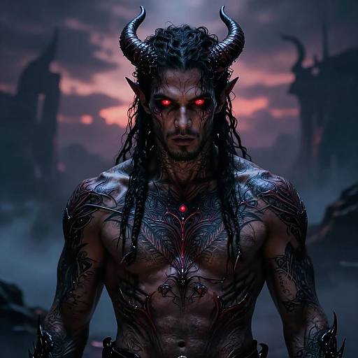 Digital artwork of a muscular, demonic figure with black horns, glowing red eyes, and intricate tattoos, standing in a dark, misty, twilight landscape