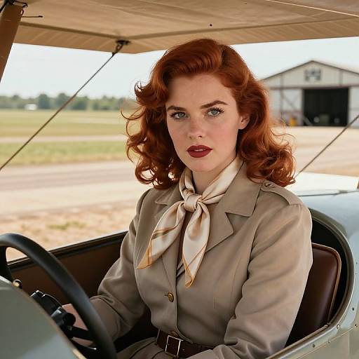 Photograph of a red-haired woman with vintage-style makeup, wearing a beige military-style jacket and scarf, driving a vintage airplane. Background: rural field