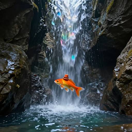 Photograph of a vibrant orange goldfish swimming beneath a cascading waterfall in a rocky, moss-covered cave, with splashing water and reflections.