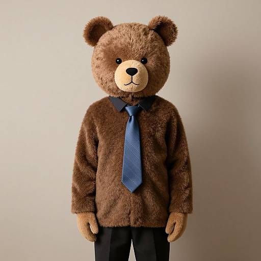 Photograph of a brown teddy bear costume with a blue tie, standing against a plain white background, wearing black pants.