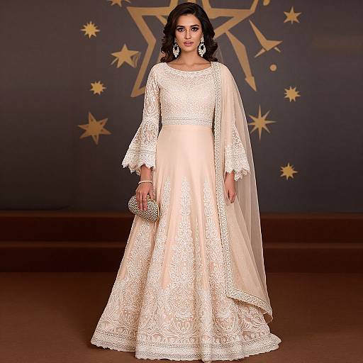 Photograph of a dark-haired woman in a long, white, lace-trimmed, traditional dress with long sleeves, holding a sparkly clutch,