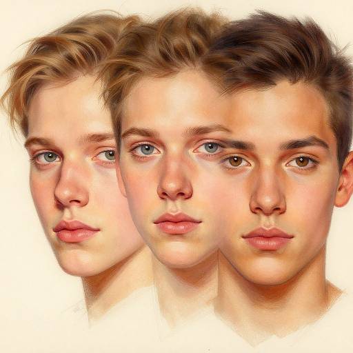 Digital painting of three identical, young Caucasian men with blue eyes, light brown hair, and serious expressions, shown in a triptych format against a