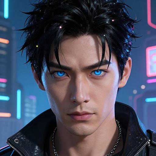 CGI close-up of a handsome Asian man with striking blue eyes, messy black hair, and a serious expression, wearing a black jacket, set against