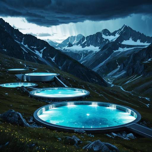 Futuristic Cloud Harvesting Pools in Alpine Mountains