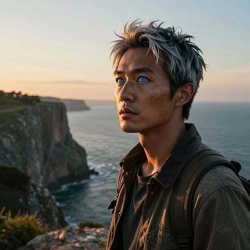 Photograph of a young man with tousled gray hair, blue eyes, and dirt on his face, standing by a cliffside ocean at sunset,