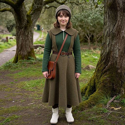 Photograph of a young woman with fair skin, brown hair, wearing a green sweater, brown tweed dress, white boots, brown satchel