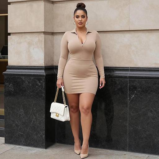 Curvy Woman in Beige Mini Dress