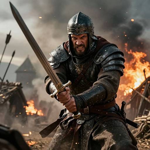 Medieval warrior in armor, gripping sword, intense battle expression, fiery background, smoke, burning structures, dramatic lighting, epic fantasy scene. Photograph.