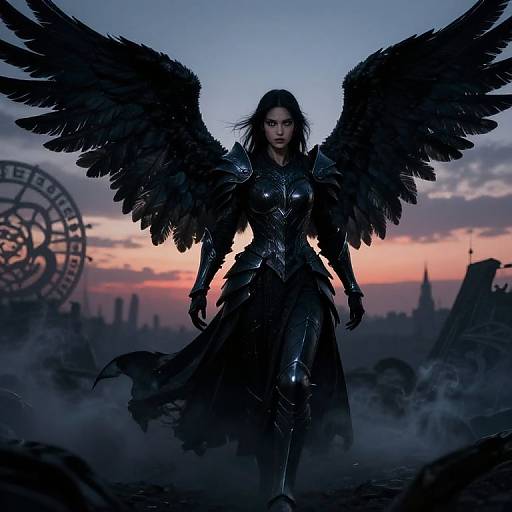 Digital artwork of a dark angel warrior with black wings, wearing armored black attire, standing in a misty, ruined cityscape at sunset.