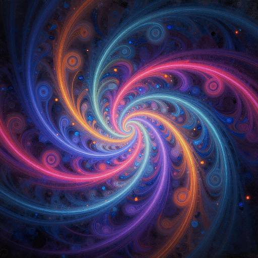 Vibrant digital artwork of swirling neon blue, pink, and orange light trails forming a spiral pattern against a dark, starry background.