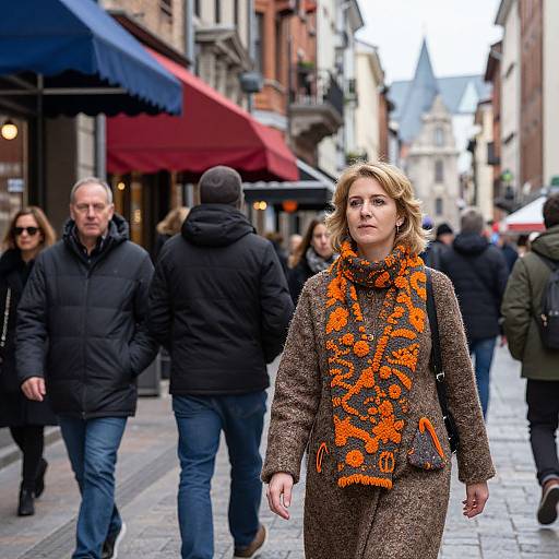Photograph of a blonde woman in a brown coat with an orange floral scarf, walking on a busy, cobblestone street lined with red and blue