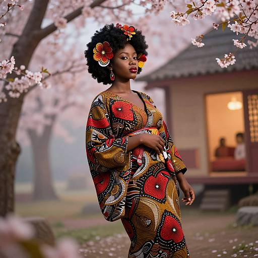 Photograph-style digital art of an African woman with afro, wearing a vibrant, patterned kimono, surrounded by cherry blossoms, standing in