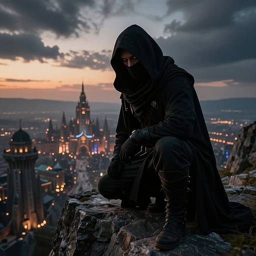 Mysterious hooded figure in dark cloak and gloves crouches on rocky ledge, overlooking a brightly lit, futuristic cityscape at dusk.