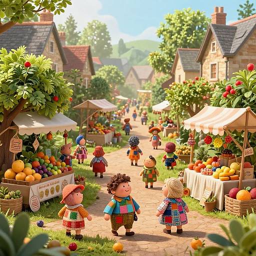 Whimsical CGI village market scene with colorful doll-like characters, lush greenery, fruit stalls, and charming cottages under a bright blue sky.