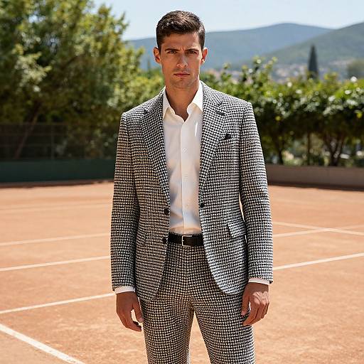 Photograph of a handsome man with short dark hair, wearing a black-and-white checkered suit over a white shirt, standing on a sunny outdoor clay