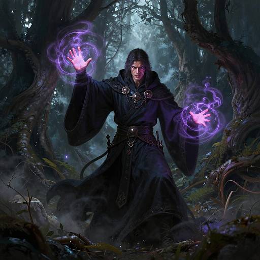 Digital fantasy artwork: Dark-haired man in black wizard robe conjures glowing purple magic in misty, dense forest with twisted trees.