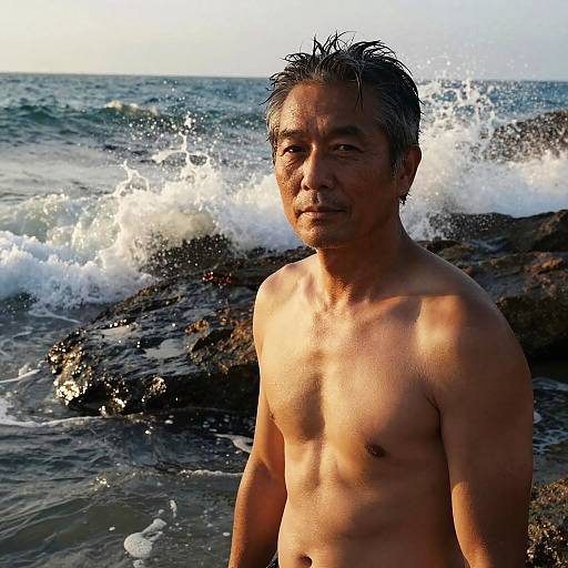 Photograph of a middle-aged, shirtless Asian man with wet, graying hair, standing in front of ocean waves crashing onto rocky shoreline, sunlight