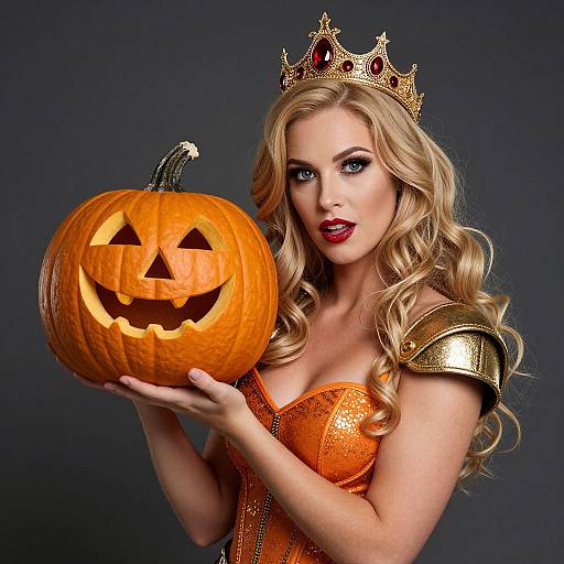 Photograph of a blonde, fair-skinned woman with blue eyes, wearing a gold crown, orange corset, and gold shoulder armor, holding a