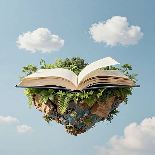 Digital artwork of an open book floating in the sky, surrounded by lush greenery and small trees, set against a bright blue sky with fluffy white clouds