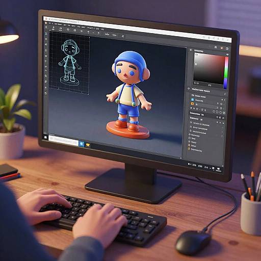 Photograph of a person using a computer to design a 3D cartoon character in vibrant colors, with a potted plant and desk items in the