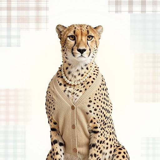 Photograph of a cheetah wearing a beige, buttoned cardigan with a pearl necklace, staring directly at the camera against a white background.