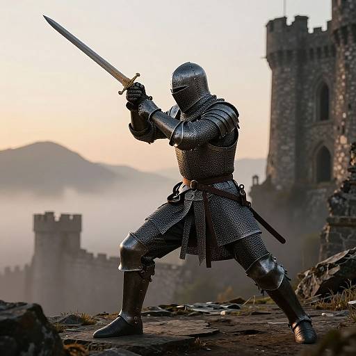Silhouetted medieval knight in full armor, gripping sword, ready for battle, stands on rocky terrain with misty castle ruins and sunset background.