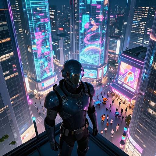 CGI image of a futuristic cityscape at night, featuring a muscular, armored soldier with a glowing visor standing on a balcony overlooking brightly lit,